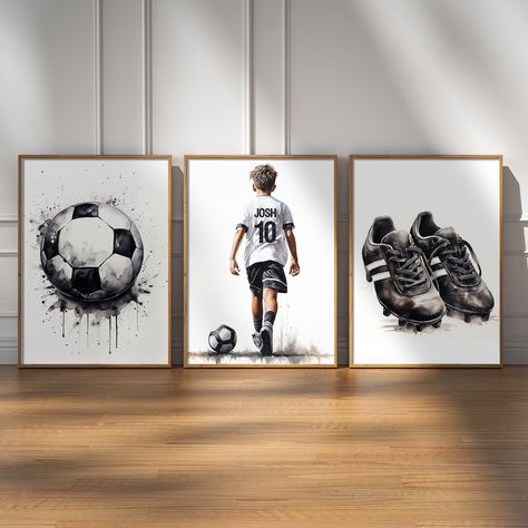 Score a winning goal with our Personalised Set of 3 A4 Football Prints - the ultimate gift for your footballer son! Tailored for bedroom or games room decor, this digital download adds a personalised touch to any space, making it the perfect gift for the passionate football enthusiast. Celebrate your son's love for the game with these A4 prints featuring customisable elements like his name, jersey number. Each print captures the spirit of football, creating a dynamic and motivational atmosphere that resonates with every goal-oriented player. Transform his space into a football haven with these high-quality digital prints. The customisation options allow you to tailor the prints to his unique preferences, ensuring a one-of-a-kind display that reflects his passion for the beautiful game. Whe Football Related Gifts, Football Display Ideas, Boy Themed Rooms, Teen Boy Room Decor Ideas, Soccer Room Ideas For Boys, Football Room For Boys, Football Bedroom Ideas For Boys, Wall Art For Men Bedroom, Football Bedroom Ideas