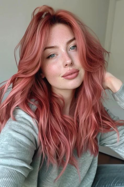 Soft curls in a light strawberry red shade. Ion Rose Quartz Hair Color, Peach Pink Ombre Hair, Pinky Red Hair Colour, Colors That Go With Blonde Hair, Cool Light Red Hair, Light Coloured Hair, Red Hair Pink Undertones, Lightly Colored Hair, Strawberry Color Hair