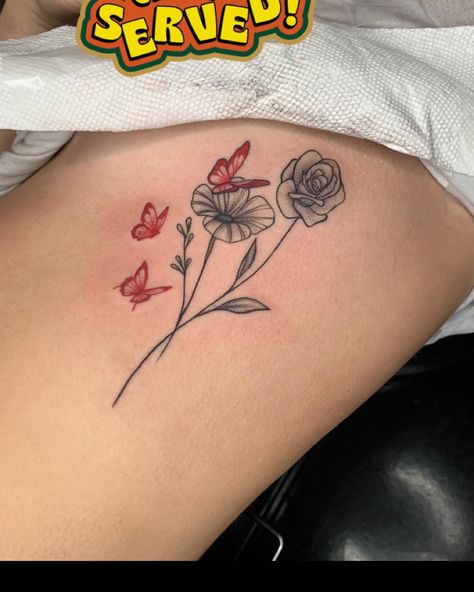 Red And Black Womens Tattoo, Red Tattoo With Black Outline, Red Butterfly Flower Tattoo, Butterfly Poppy Tattoo, Red Buterfluffy Tattoo, Poppy And Butterfly Tattoo, Red Tattoo Flower, Red And Black Flower Tattoo, Red Butterflies Tattoo