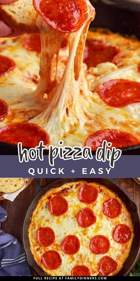 This creamy and cheesy hot pizza dip has everything you love in pizza. Enjoy dipping crusty bread, vegetables or crackers in this game day favorite. Pizza Dip With Cottage Cheese, Cottage Cheese Pizza Dip, Pizza Dip With Cream Cheese, Cheesy Pizza Dip, Hot Pizza Dip, Baked Cheese Dip, Cream Cheese Pizza, Vegetables Chips, Skillet Dip