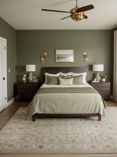 Create a calming oasis in your bedroom with a light olive green accent wall. Complement it with plush white bedding, gold accents, and a wooden dresser for a sophisticated and nature-inspired look. Transform your bedroom into a serene retreat with a light olive green accent wall. Add touches of warmth with copper accents, soft linen curtains, and a cozy area rug in earth tones for a cozy and inviting atmosphere.. Olive Green Accent Wall, Green Accent Wall, Cozy Area, Light Olive Green, Wooden Dresser, Copper Accents, Linen Curtains, White Bedding, Retro Decor