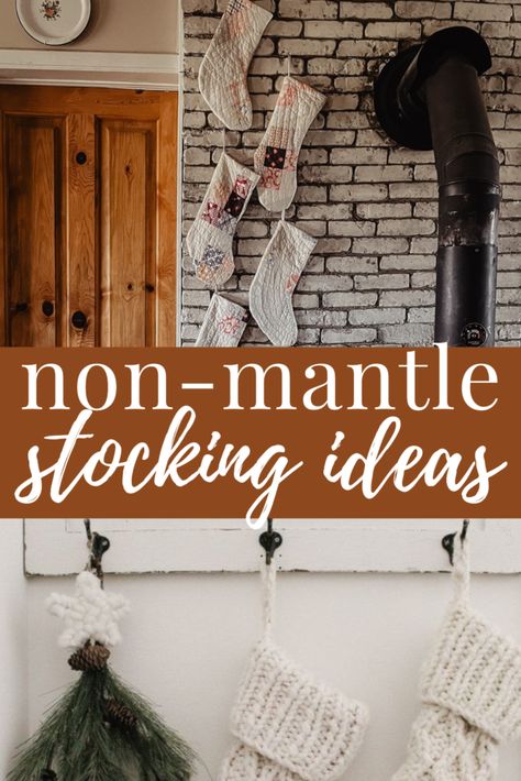 Stocking Placement Without Fireplace, Non Mantle Stocking Ideas, No Chimney Stocking Ideas, Christmas Stocking No Mantle, Hang Christmas Stockings Without Mantle, Where To Hang Stockings If No Fireplace, Stockings With No Mantle, How To Hang Stockings Without A Mantle, Stocking Display No Mantle