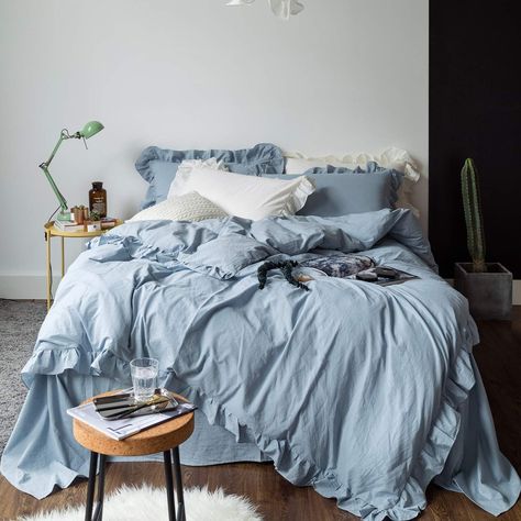 PRICES MAY VARY. 【100% Washed Cotton】: SUSYBAO light blue ruffle duvet cover set made of 100% washed cotton fabric, a raw material handled by special process, will be softer and more comfortable, breathable and durable. Soft and comfy sense of touch always gives a sweet sleep experience all night. And the thickness of the blue ruffle duvet cover set is suitable for all seasons. 【Light Blue Ruffle Duvet Cover Set】: Vintage farmhouse solid powder light blue ruffle duvet cover set, simple but styli Shabby Chic Bedding Sets, Princess Bedding Set, Ruffle Duvet Cover, Bed Cover Sets, Princess Bed, Blue Duvet, Shabby Chic Bedding, Blue Duvet Cover, Fitted Bed Sheets