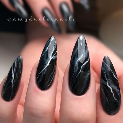 Elegant Marble Nails Tutorial With Classic Black French Manicure Long Nails, Ombre Glitter Nails, Marble Nails Tutorial, Black Marble Nails, Blue Ombre Nails, Water Nails, Marble Nail Designs, Black Acrylic Nails, Marble Nail