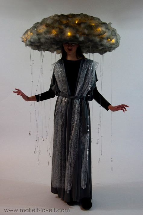 Diy rain storm cloud costume 7 Cloud Inspired Outfits, Rain Inspired Fashion, Surreal Costume Ideas, Elf Costume Ideas Women, Elf Halloween Costume Women, Interactive Halloween Costumes, Surrealism Costume, Diy Fantasy Costume, Haloween Costume Diy