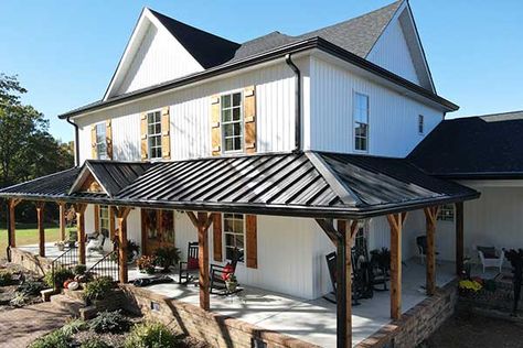 Black Metal Roof Farmhouse White Siding, Metal Roof Covered Patio, Tin Roof Front Porch Addition, Metal Roof Historic Home, Metal Roof On Porch, Metal Covered Porch, Painting A Tin Roof, White House With Copper Metal Roof, Metal Front Porch Roof