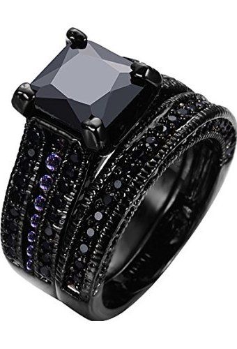 Rongxing Jewelry® Couple Engagement Ring Settings Black Gold Diamond Size 6-10 Black Diamond Bridal Set, Black Diamond Wedding Rings, Solitaire Engagement Ring Settings, Engagement Rings Couple, Diamond Bridal Ring Sets, Black Gold Jewelry, Cz Rings Engagement, Black Sapphire, Diamond Bridal Sets