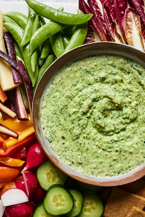 Greek Green Goddess Dip | Olive & Mango Vegan Green Goddess Dip, Green Goddess Protein Dip, Green Feta Dip, Green Goddess Recipe Ideas, Greek Goddess Dip, Green Veggie Dip, Green Snacks For Color Party, Potato Salad Greek, Green Dip Recipe