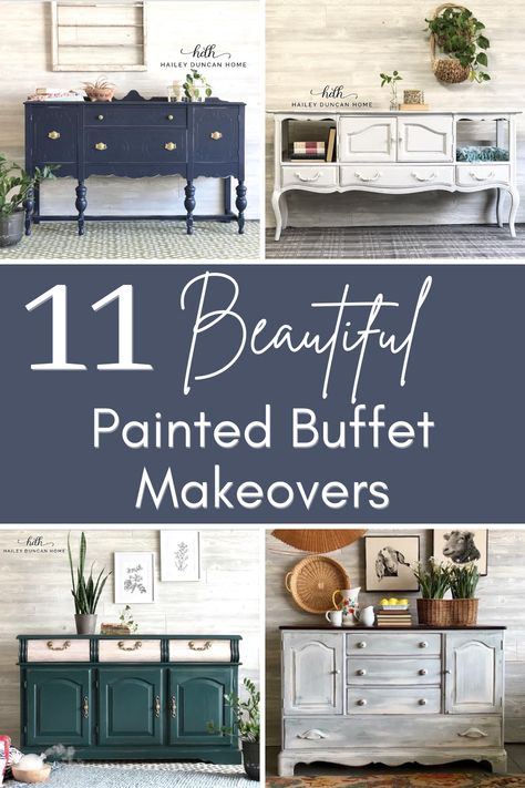 Painted Buffet Ideas, Painted Buffets And Sideboards, Sideboard Decor Dining Room, Credenza Makeover, Refinished Buffet, Dining Room Buffet Table, Stained Furniture, Buffet Furniture, Buffet Makeover