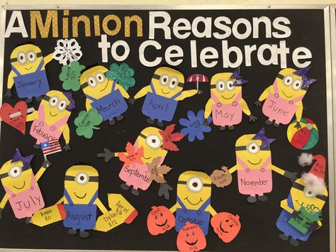 Minion Birthday Bulletin Board.                                                                                                                                                                                 More Disney Birthday Bulletin Board Ideas, Minion Thanksgiving, 21st Birthday Crafts, Minion Bulletin Board, Birthday Bulletin Board Ideas, Minion Classroom Theme, Minion Classroom, Thanksgiving Bulletin Board, Minion Photos