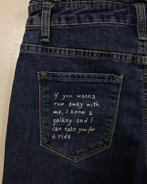 Embroidery on jeans' pocket Levitating Dua Lipa Lyrics, Lyrics Embroidery, Levitating Dua Lipa, Dua Lipa Lyrics, Jeans Pocket, Parts Of The Heart, Jean Pockets, Denim Pocket, Dua Lipa