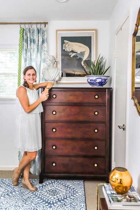 Tall Dresser Styling, Styling Bedroom Dresser, Dresser Styling Bedroom, High Dresser Decor, Long Dressers, Long Dresser Decor, Small Bedroom Dresser, Parisian Inspired Bedroom, How To Style A Dresser