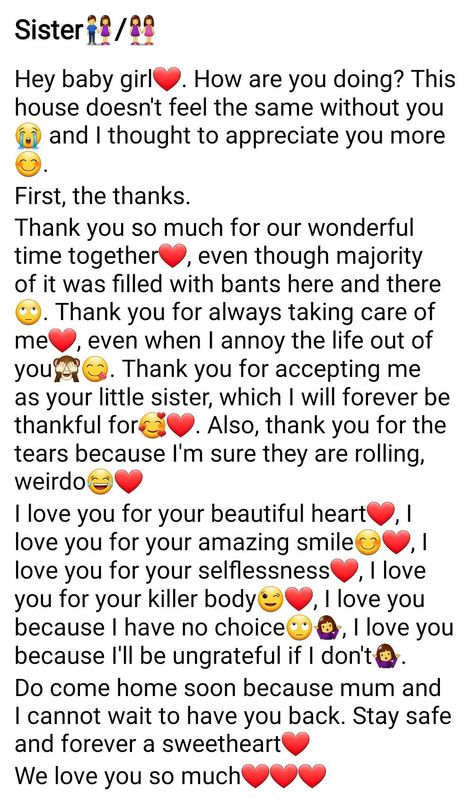 Letter to a sister👭/👫 Letter To Sister Birthday, Happy Birthday Sister Letter, Text For Sister, Sister Birthday Paragraph, Happy Birthday Note For Sister, Sister Paragraphs, Letter To Sister On Birthday, Message For Sister On Her Wedding, Love Letter For Sister