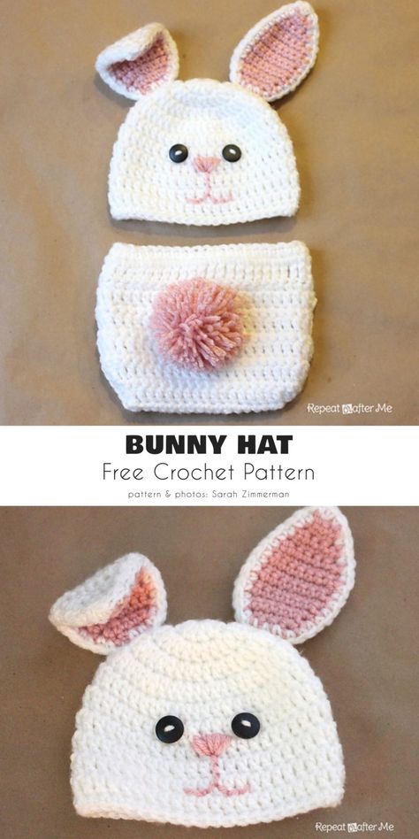 Crochet Bunny Hat Pattern, Bunny Hat Pattern, Crochet Bunny Hat, Bunny Hats, Baby Bunny Hat, Diaper Cover Pattern, Crochet Photo Props, Repeat Crafter Me, Crochet Bunny Pattern