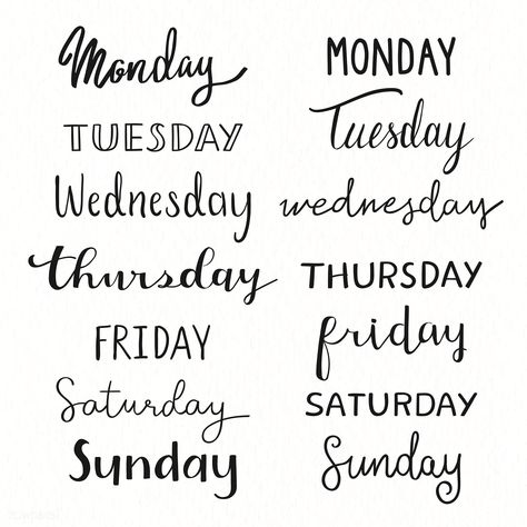 Weekdays typography collection vector | premium image by rawpixel.com / Minty Week Days Calligraphy, Weekdays Calligraphy, Days Of The Week Font, Bullet Journal Font, Lettering Guide, Journal Fonts, Alfabet Letters, Typography Alphabet, Typography Hand Drawn