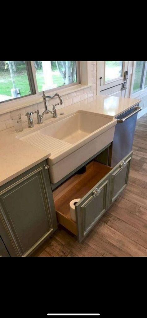 Kitchen Sink Decor Ideas, Sink Drawer, Kitchen Sink Decor, Under Kitchen Sink, Elegant Kitchen Design, Farmhouse Kitchens, Kitchen Remodel Design, Barbie Kitchen, Farmhouse Sink Kitchen