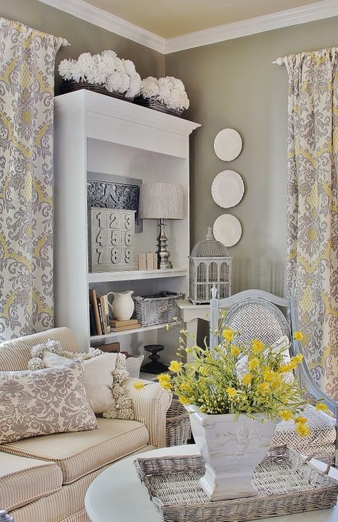 Library_Bookcase How To Decorate A Bookcase, Modern Farmhouse Curtains, Damask Curtains, Bookcase Decor, Table Decor Living Room, Farmhouse Curtains, White Damask, Farmhouse Decor Living Room, A Living Room