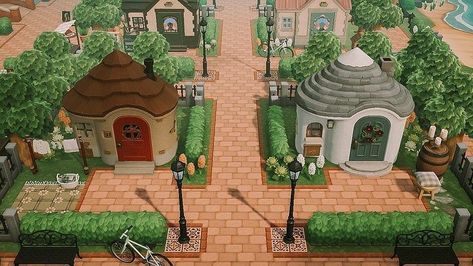 Acnh Villagers Homes Ideas Exterior, Villagers Houses Animal Crossing Layout, House Layouts Animal Crossing, Anch Villager Houses, Anch Villager Houses Layout, Animal Crossing Villager House Ideas Outside, Neighbourhood Ideas Acnh, Anch Neighborhoods, Animal Crossing Villager House Layout Ideas