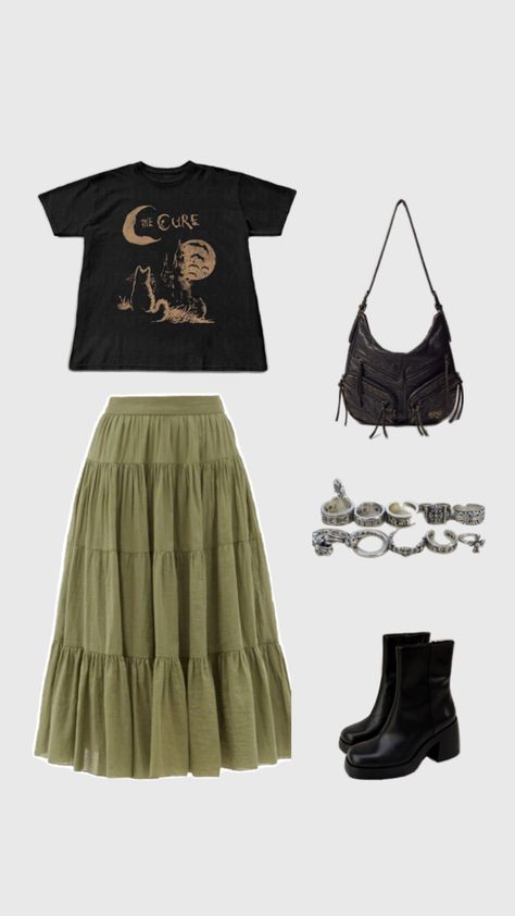 Skirt and band tee with boots outfit Grunge Outfits Skirt, Band Tee And Skirt Outfit, With Boots Outfit, Band Tee Outfits, Tee Outfits, Outfits Skirt, Grunge Outfit, Tee Outfit, Boots Outfit