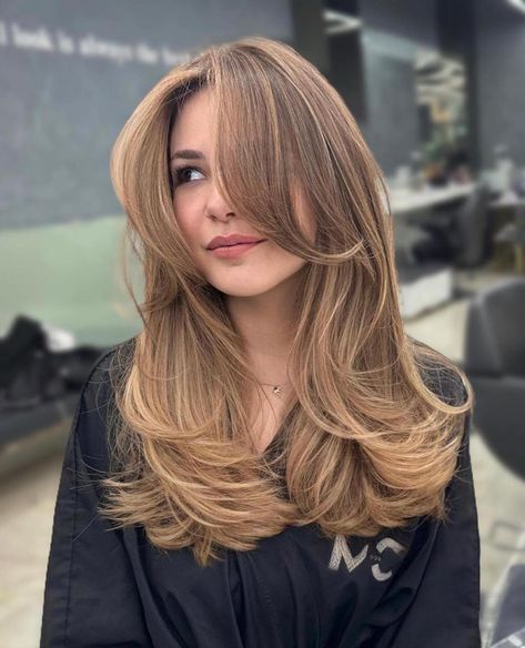 A Beginner's Guide on How to Style Curtain Bangs - Hairstyles Weekly Haircuts Long Layers Straight, Medium Length Haircut For Thick Hair Long Layered Highlights, Ashy Highlights On Brown Hair, Side Part Haircut, Honey Brown Hair, Fesyen Rambut, Hairstyles For Layered Hair, Haircuts For Medium Hair, Haircuts For Long Hair