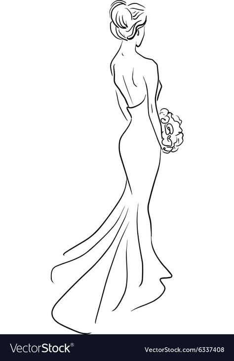 Bride Sketch Art, Bride Illustration Art, Bride Art Drawing, Bride Illustration Drawing, Woman In Dress Drawing, Dress Line Art, Bridal Drawing, Bride Sketch, Dress Illustration Art