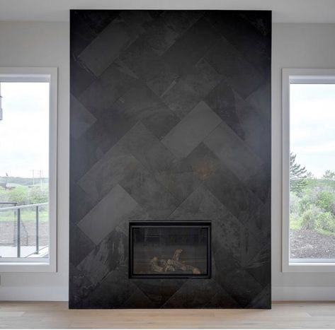 Modern Fireplace Tiles, Tiled Fireplace Wall, Black Fireplace Wall, Black Tile Fireplace, Modern Fireplace Ideas Living Rooms, Decoration Ideas For Birthday, Ideas For Birthday Party, Grey Fireplace, Fireplace Feature Wall