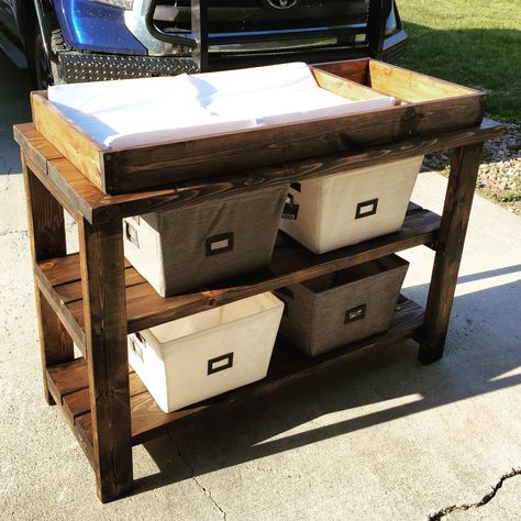 Homemade rustic changing table Wooden Changing Table, Homemade Changing Table, Homemade Crib, Diy Change Table, Diy Baby Changing Table, Boy Changing Table, Diy Changing Table, Baby Room Closet, Baby Crib Diy