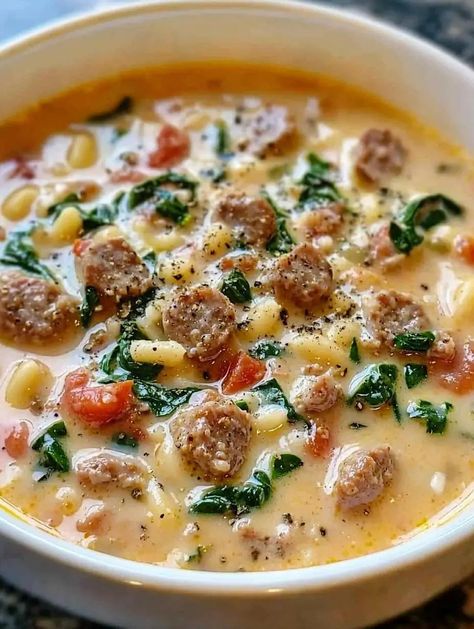 Creamy Parmesan Italian Sausage Soup 3 Creamy Parmesan Italian Sausage Soup, Sausage Soup Crockpot, Sausage Soup Recipes, Parmesan Soup, Comfort Soup Recipes, Italian Sausage Soup, Italian Sausage Recipes, Creamy Parmesan, Italian Soup