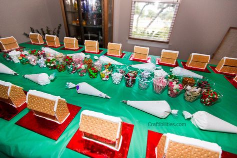 KIDS Gingerbread House DECORATING party IDEAS ((graham cracker)) Holiday fun & tradition - HOW TO HOST Kids Graham Cracker Gingerbread House, Gingerbread House Decorating Supplies, Gingerbread Houses Out Of Graham Crackers, Gingerbread House Station, Youth Christmas Party Food, Cheap Gingerbread House Ideas, Gingerbread Birthday Party Food, Making Gingerbread Houses With Kids, Ginger Bread House With Gram Crackers