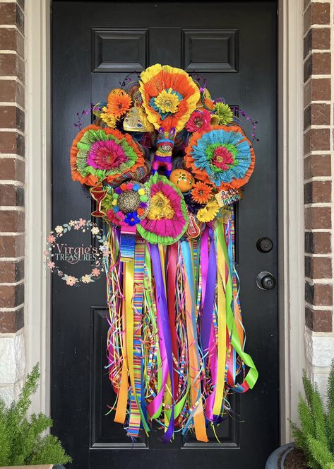 🛑If ordering for Fiesta SA 2024, be sure to order soon. All Fiesta Wreaths are made to order. By end of March supplies run out and orders may take 2-3 weeks to ship! I'm currently shipping Fiesta Wreaths 5-10 business days.  This beautiful Fiesta Wreath will make a grand statement on your door!  This premium quality handcrafted Fiesta wreath comes with 4 large crepe paper flowers, lots of faux Daisies, lots of streamers, lots of curling ribbons, a handmade glitter sombrero, small authentic mara Large Crepe Paper Flowers, Cinco De Mayo Wreath, Potluck Wedding, Fiesta Wreath, Wedding Fiesta, Birthday Fiesta, Rainbow Wreath, Tin Ornaments, Tissue Flowers