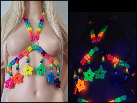 Pony Bead Harness, Kandi Outfits, Rainbow Harness, Kandi Bra, Kandi Harness, Rave Essentials, Beaded Harness, Bead Clothing, Rave Harness