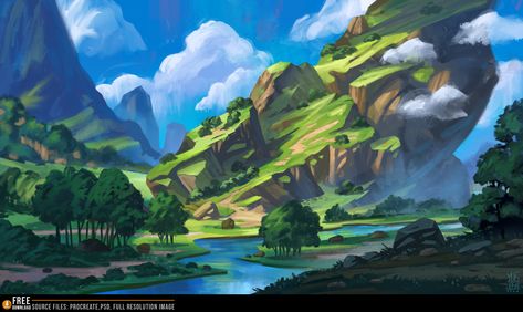 Here is a Mountain Landscape painting that was made using Procreate.  ► Watch the time-lapse video: youtu.be/fj2UgfwPUts ► FREE DOWNLOAD: PROCREATE+PSD+IMAGE: gum.co/mountainscape Forest Mountain Artwork, Mountain Drawing Digital, Mountain Environment Art, Forest Landscape Illustration, Mountain Digital Painting, Procreate Environment, Mountains Concept Art, Mountain Concept Art, Minecraft Terraforming