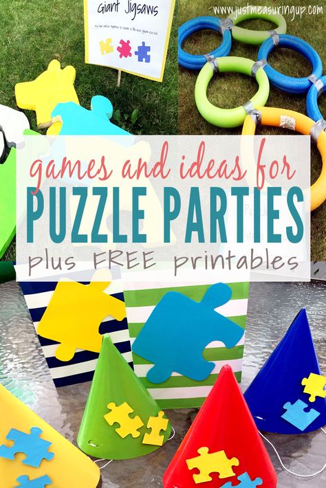 How to Throw an Amazing Puzzle Party - Games, Activities, Ideas, and FREE printables Puzzle Party Decorations, Puzzle Theme Party Decorations, Puzzle Themed Birthday Party, Puzzle Piece Adoption Party Ideas, Puzzle Decor Ideas, Puzzle Party Ideas, Puzzle Theme Party, Puzzle Theme, Adoption Ideas