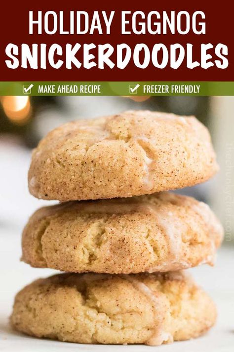 Classic soft and chewy snickerdoodle cookies made with a fun holiday twist... eggnog!  Filled with warm spices, actual eggnog, and drizzled with a sweet eggnog glaze! #cookies #dessert #baking #holiday #christmas #eggnog #snickerdoodle #cookieswap Eggnog Snickerdoodles Recipe, Egg Nog Snickerdoodles, Christmas Cookies Eggnog, Baking With Eggnog, Eggnog Snickerdoodle Cookies, Eggnog Cookies Recipe, December Treats, Egg Nog Cookies, Eggnog Snickerdoodles