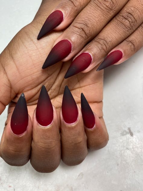 Matte Red Ombre Nails, Black And Burgundy Wedding Nails, Black Matte Nails With Red Under, Black Pointed Nails Design, Matt Black And Red Nails, Hades And Persephone Inspired Nails, Vampire Nails Gothic Short, Red And Black Ombré Nails, Red And Black Ombre Nails Coffin