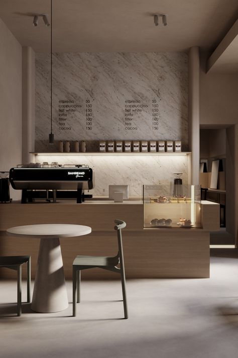 Dream Bean Coffee Shop, Minimalistic Coffee Bar, To Go Coffee Shop, Nordic Restaurant Design, Nordic Cafe Interior, Minimalist Coffee Shop Interiors, Chic Cafe Interior, Japandi Coffee Shop, Small Cafe Layout