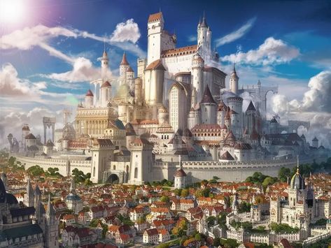 Majestic Fantasy City and Castle Under the Bright Sun | MUSE AI Rich Fantasy City, Fantasy Castle City, Large Fantasy City, Bright Fantasy Art, Fantasy Cities Art, Modern Fantasy City Concept Art, Medieval Fantasy City Art, Fantasy Places City, Fantasy Kingdom Cities