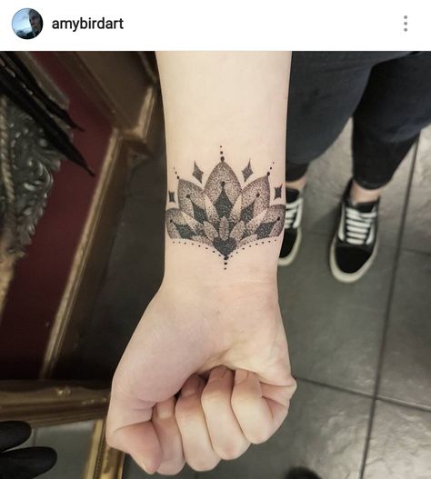 Small dotwork lotus mandala section wrist tattoo by Amy Williams Tattoo Dotwork Wrist Tattoo, Lotus Wrist Tattoo Cover Up, Inner Wrist Cover Up Tattoos, Small Dotwork Tattoo, Inner Wrist Tattoo, Mandala Tattoos For Women, Inner Wrist Tattoos, Mandala Wrist Tattoo, Small Mandala Tattoo