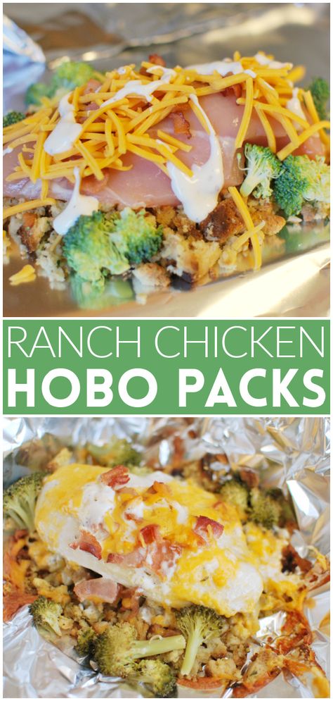 Cheesy Chicken Hobo Packs - stuffing, chicken, broccoli, bacon, and cheese all layered and cooked in foil packets. They can be grilled or baked! Easiest dinner ever. Easy Foil Dinners, Taco Foil Packs, Foil Pack Dinner Ideas, Chicken Stuffing Foil Packets, Grilled Chicken Foil Pack Recipes, Chicken And Veggie Foil Packets, Foil Chicken Recipes, Chicken Campfire Foil Packets, Hobo Chicken Foil Packs