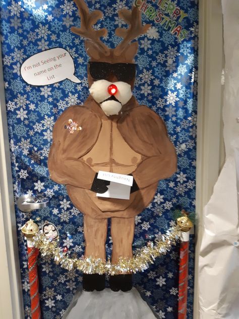 Office holiday contest. I am a support worker so I decorated the Support office door with Bouncer Rudolph. I really enjoyed making parts 3D and painting textures. Office Holiday Door, Funny Holiday Door Decorations, Reindeer Hospital Door Decoration, Decorate Office Christmas, Christmas Door Decorating Contest Nursing Home, Christmas Door Decorating Contest Themes, Best Door Decorating Contest Christmas, Door Decorations Contest Christmas, Christmas Door Competition Ideas