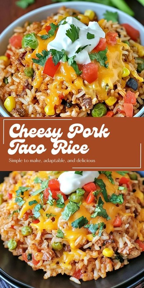 Cheesy Pork Taco Rice Ingredients: 1 pound ground pork 1 (1 ounce) package taco seasoning mix 1 (10 ounce) can diced tomatoes with green chilies 1 (15 ounce) can black beans, drained and rinsed 1 1/2 cups frozen corn 3/4 cup salsa 1 (8 ounce) package shredded Mexican cheese blend 2 cups cooked white rice 2 tablespoons chopped fresh cilantro #Cheesy #Pork #TacoRice Mexican Food Dinner, Taco Rice Recipe, Pork Taco, Hispanic Recipes, Taco Rice, Ground Pork Recipes, Mexican Meals, Vegetable Rice, Pork Tacos