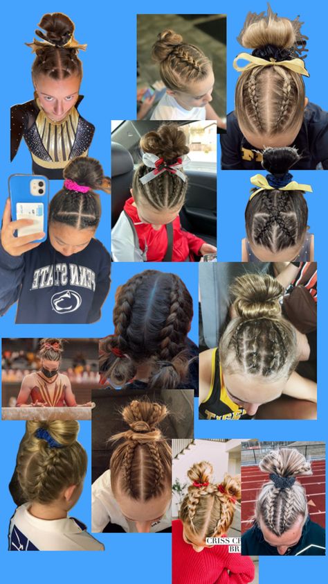 Gymnastics Meet Hair, Mixed Kids Hairstyles, Cute Volleyball Hairstyles, Cute Sporty Hairstyles, Soccer Hairstyles, Soccer Hair, Track Hairstyles, Preppy Hairstyles, Basketball Hairstyles