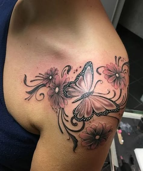 Delicate Flower Tattoo, Butterfly With Flowers Tattoo, Celestial Goddess, Butterfly Tattoo On Shoulder, Butterfly Tattoos For Women, Flower Tattoo Shoulder, Cat Tattoos, Geniale Tattoos, Pretty Tattoos For Women