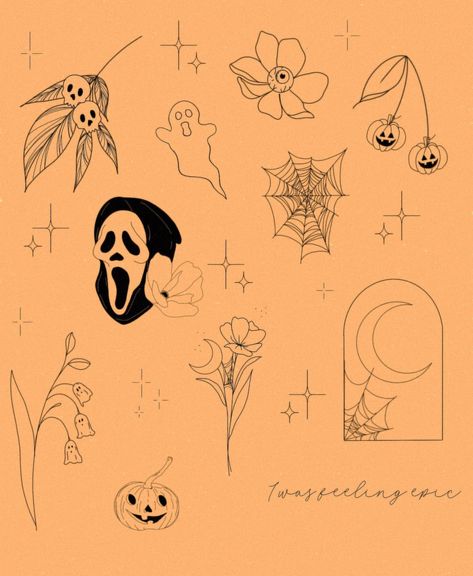 HALLOWEEN FLASH AVAILABLE NOW 👻 Simple and sweet this year 🍂💀🤎 BOOK NOW ☺️ (Sparkles are fillers but can also be apart of any tattoo you choose) • • #halloween #halloweenflash #simple #sweet #floralhalloween #ghosts #october #finelinetattoos #indiana #indianatattoo Witchy Star Tattoo, Halloween Fine Line Tattoo, Small Halloween Tattoos Simple, Halloween Theme Tattoo, Fall Themed Tattoos, Ghost Flash Tattoo, Simple Halloween Tattoos, Little Ghost Tattoo, Small Halloween Tattoos