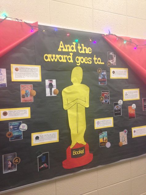 Award winning books bulletin board.  A description of the award and a picture of the cover of winning books.  #PopeHS #MediaCenter #Greyhounds Books Bulletin Board, Literacy Bulletin Boards, Literacy Display, Book Bulletin Board, Hollywood Theme Classroom, Music Bulletin Boards, School Library Displays, Teacher Awards, Library Themes