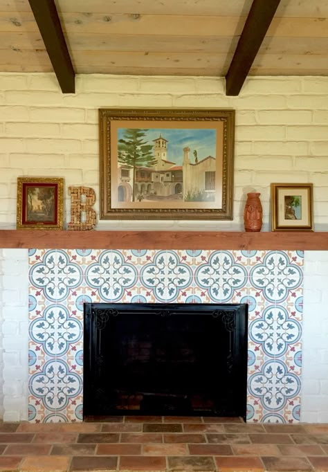 Spanish hacienda style cement tile fireplace and terra cotta hearth Mexican Tile Fireplace Surround, Spanish Tile Fireplace Surround, Talavera Fireplace, Spanish Tile Fireplace, Cement Tile Fireplace, Mexican Tile Fireplace, Spanish Style Fireplace, Spanish Fireplace, Tiled Fireplaces