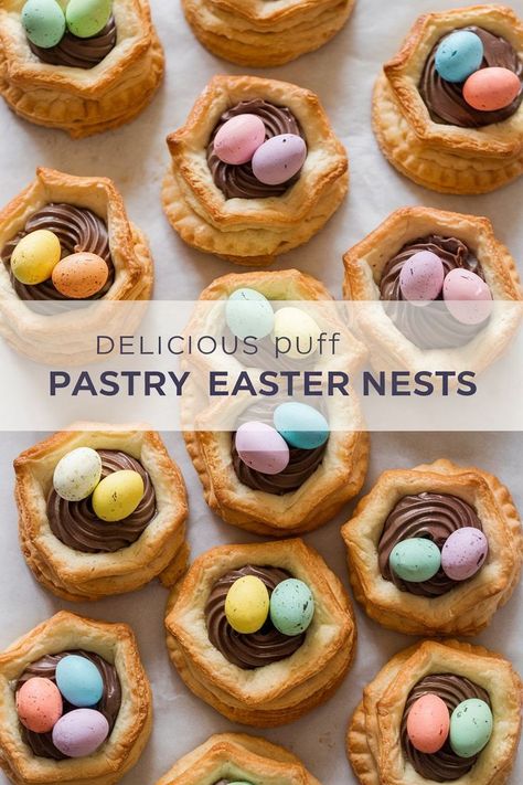 A plate of Easter-themed puff pastry nests filled with Nutella, garnished with chocolate eggs Easter Nests, Puff Pastry, Pastry, Easter