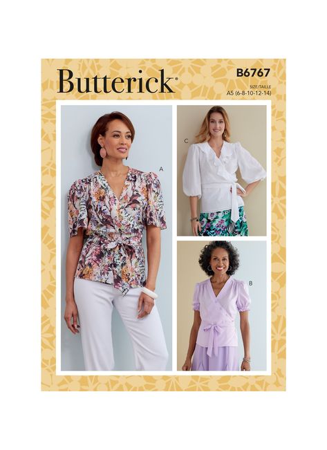 Butterick 6767 Misses' Top sewing pattern Wrap Top Sewing Pattern, Blouse Top Pattern, Wrap Front Top, Butterick Pattern, Butterick Sewing Pattern, Top Sewing Pattern, Vogue Patterns, Easy Sewing Patterns, Sewing Pattern Sizes