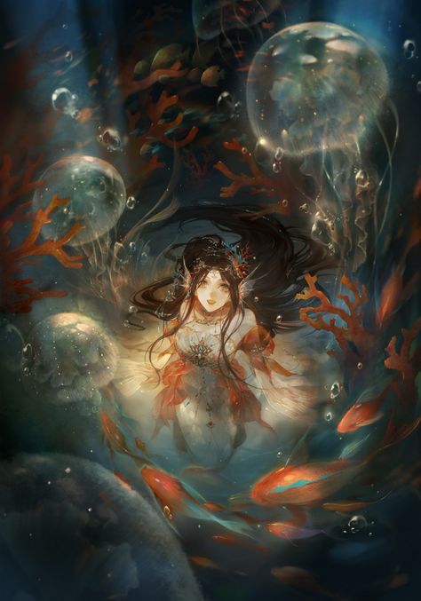 Anime Mermaid, Ancient Chinese Art, Mermaid Dreams, Mermaids And Mermen, Magic Aesthetic, Mermaid Art, Beautiful Fantasy Art, Digital Art Tutorial, Magical Creatures