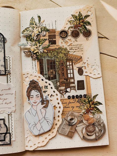 Journalsay - Scrapbook & Junk Journal Share & Spreads Art journaling | A coffee-themed journal: join me for a sip of creativity and journal our way through the aroma of imagination 🍃 Photo Collage Journal Ideas, Coffee Junk Journal, Coffee Journal Aesthetic, Book Journal Collage, Vintage Design Ideas For Scrapbook, Coffee Scrapbook Ideas, Coffee Journal Ideas, Scrapbook Vintage Ideas, Collage Book Ideas